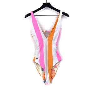 MAAJI Reversible One Piece Swimsuit Floral Striped Pink Orange White M